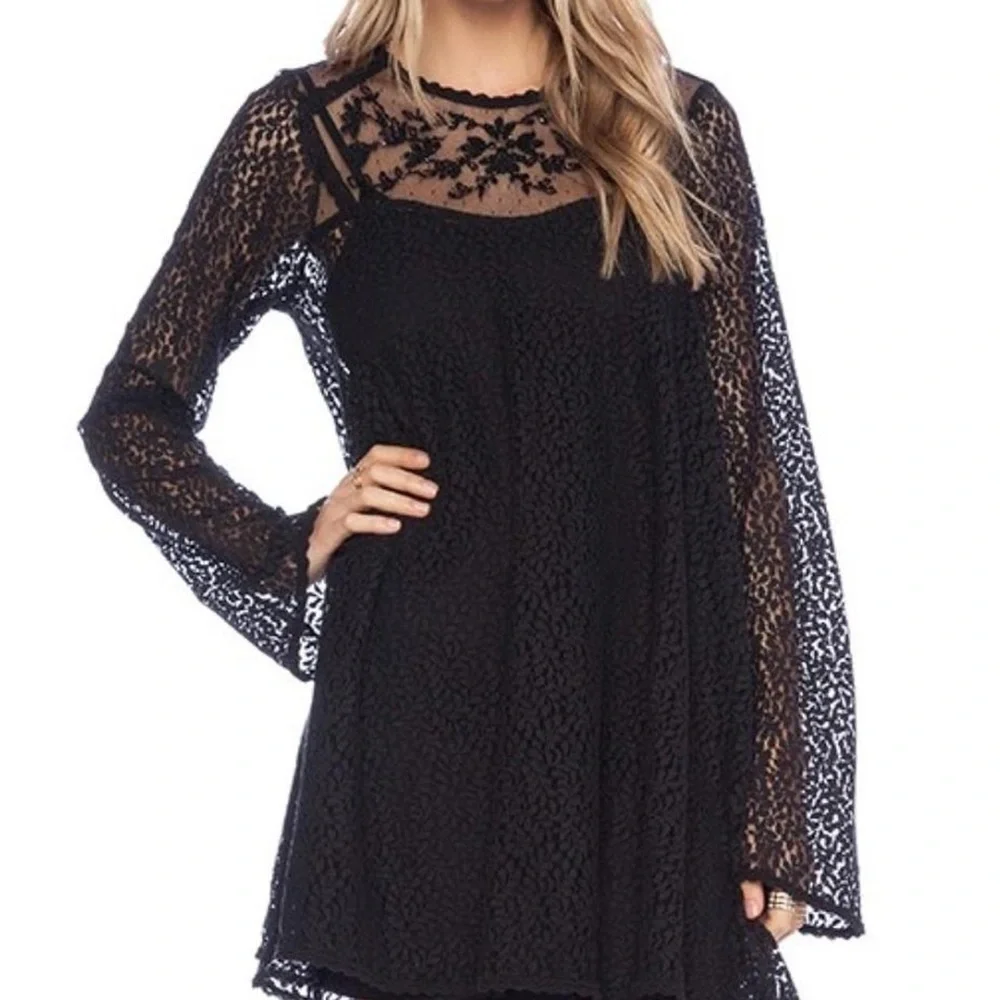 Free People Rodeo Bella Sheer Lace Mini Dress black embellished